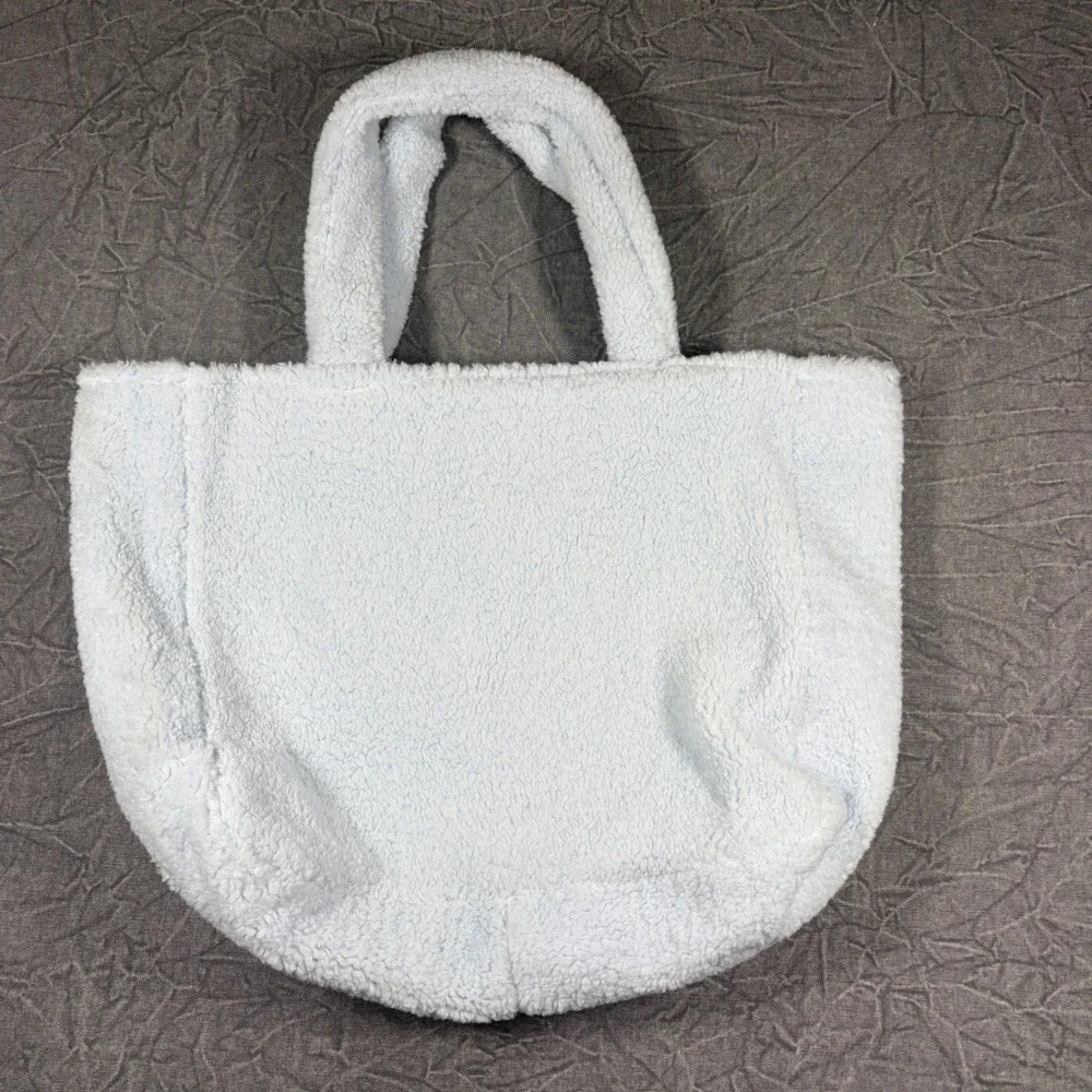 PINK Tote Bag Women One Size Blue Sherpa Fleece Logo Teddy Zip Shoulder Bag